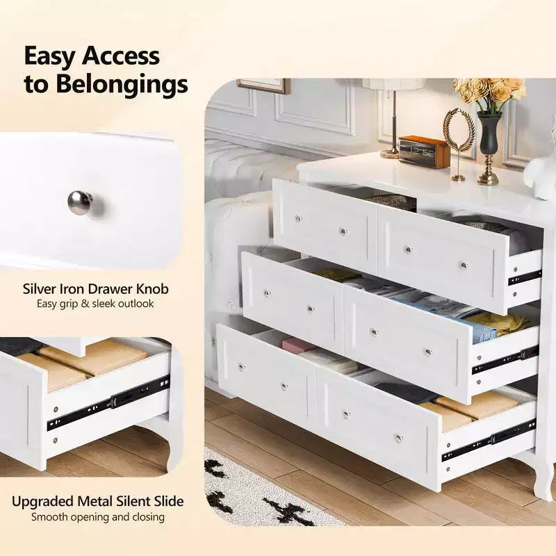 Karl Home Panneau de densité P2 blanc peint 120 cm 6 tiroirs Pieds incurvés à la française