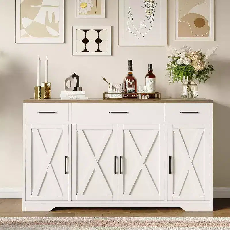 55Buffet de ferme moderne avec 4 portes et 3 tiroirs, buffet de rangement à grain de bois avec étagères réglables Capacité de 136 kg, pour salle à manger