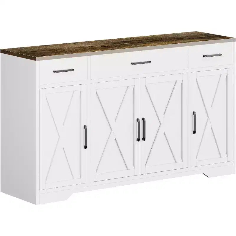 55Buffet de ferme moderne avec 4 portes et 3 tiroirs, buffet de rangement à grain de bois avec étagères réglables Capacité de 136 kg, pour salle à manger
