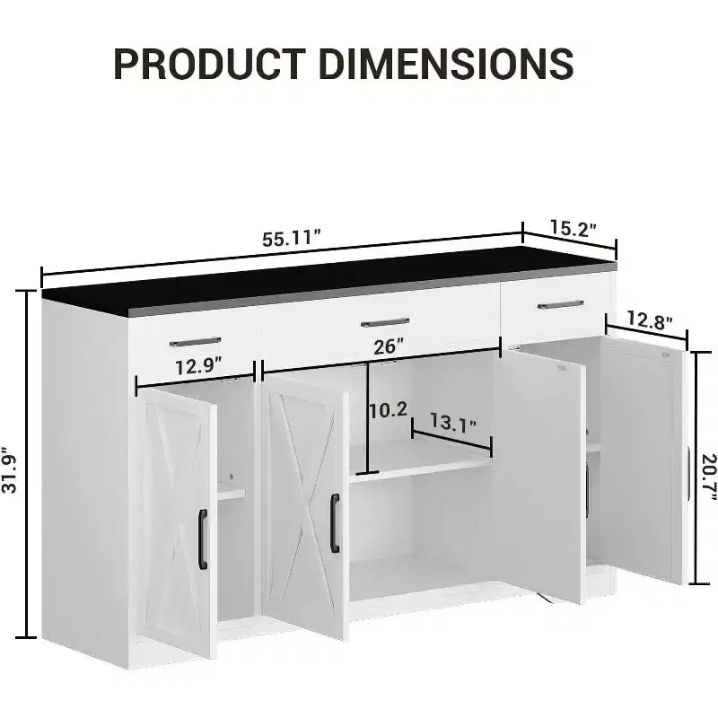 55Buffet de ferme moderne avec 4 portes et 3 tiroirs, buffet de rangement à grain de bois avec étagères réglables Capacité de 136 kg, pour salle à manger