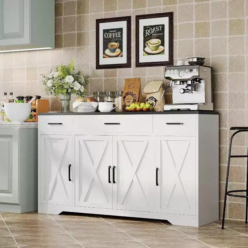 55Buffet de ferme moderne avec 4 portes et 3 tiroirs, buffet de rangement à grain de bois avec étagères réglables Capacité de 136 kg, pour salle à manger