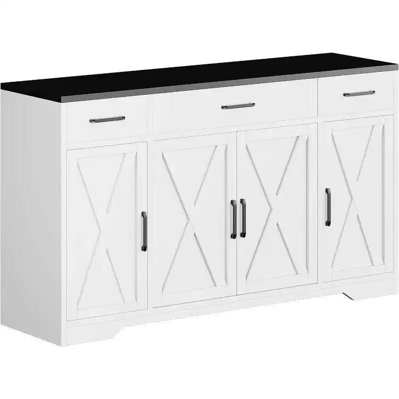 55Buffet de ferme moderne avec 4 portes et 3 tiroirs, buffet de rangement à grain de bois avec étagères réglables Capacité de 136 kg, pour salle à manger