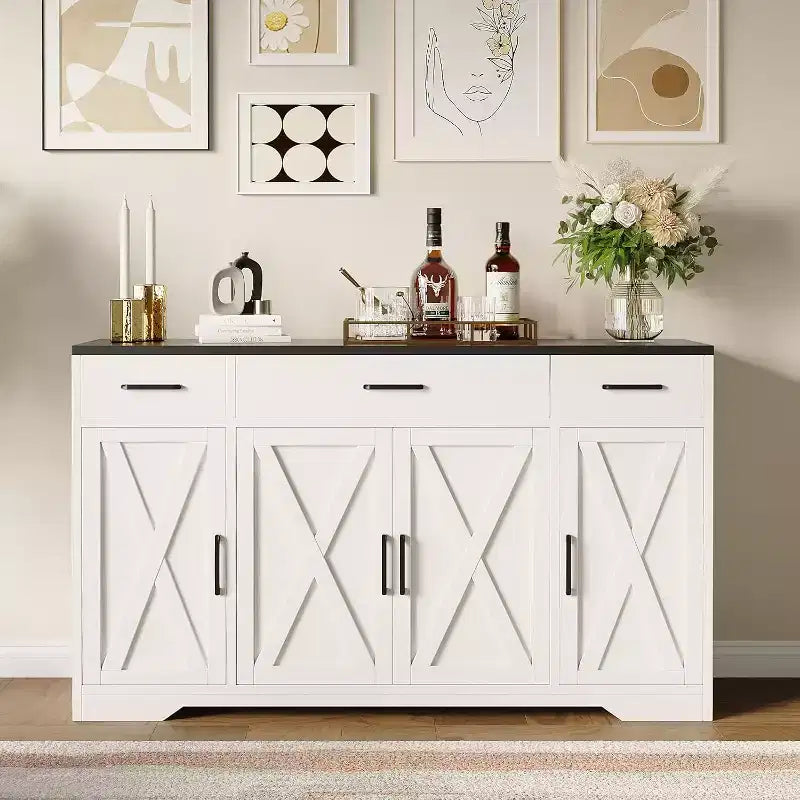 55Modern Farmhouse Buffet Cabinet with 4 Doors & 3 Drawers, Wood Grain Storage Sideboard with Adjustable Shelves 300LBS Capacity, for Dning Room