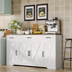 55Buffet de ferme moderne avec 4 portes et 3 tiroirs, buffet de rangement à grain de bois avec étagères réglables Capacité de 136 kg, pour salle à manger