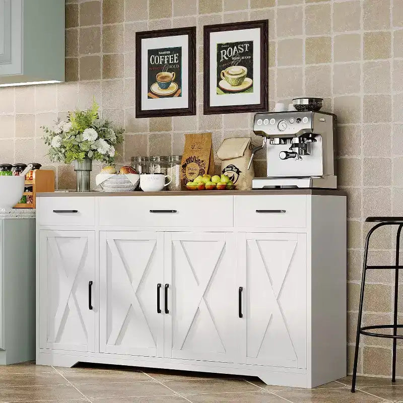 55Buffet de ferme moderne avec 4 portes et 3 tiroirs, buffet de rangement à grain de bois avec étagères réglables Capacité de 136 kg, pour salle à manger