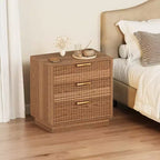 23.6 Wide Fluted Design Nightstand with 3 Large Storage Drawers,Mid Century Modern Wooden Bedside Table with Metal Handles for Bedroom & Living Room