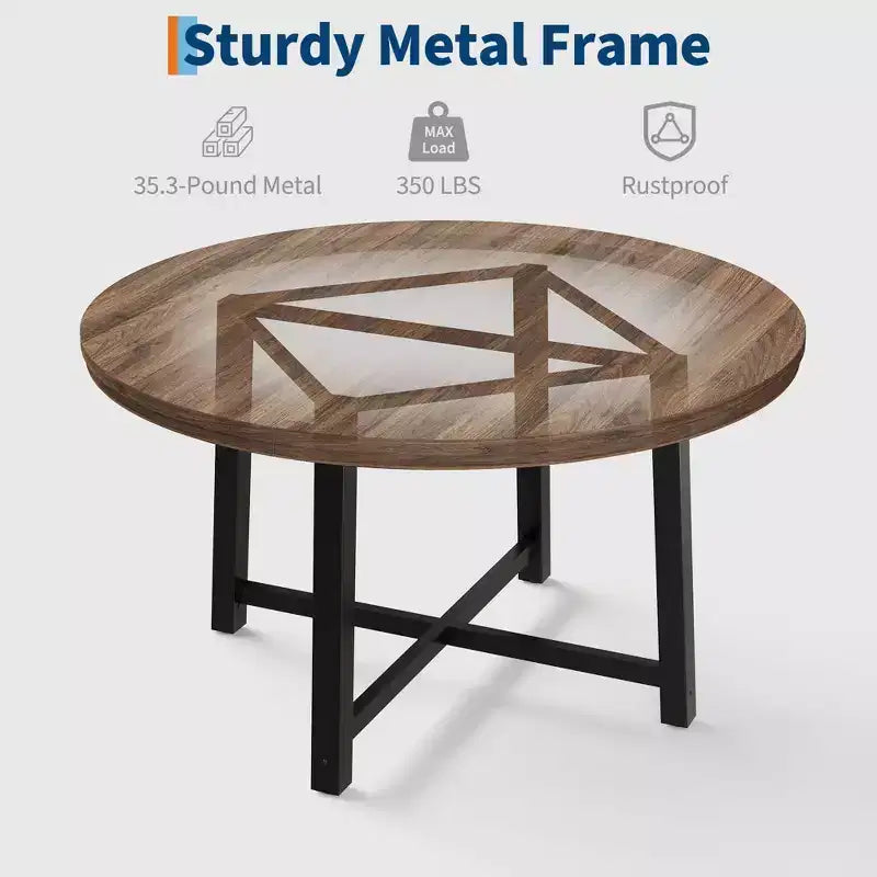 Table de salle à manger circulaire de 47 po, table de cuisine industrielle en bois avec cadre en métal robuste, parfaite pour les repas de 4 à 6 personnes