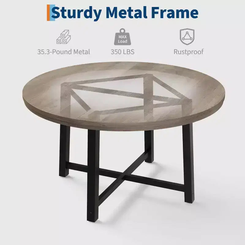 Table de salle à manger circulaire de 47 po, table de cuisine industrielle en bois avec cadre en métal robuste, parfaite pour les repas de 4 à 6 personnes