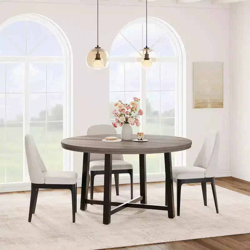 Table de salle à manger circulaire de 47 po, table de cuisine industrielle en bois avec cadre en métal robuste, parfaite pour les repas de 4 à 6 personnes