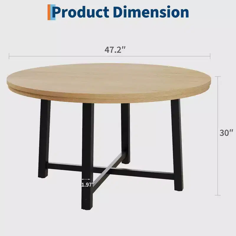 Table de salle à manger circulaire de 47 po, table de cuisine industrielle en bois avec cadre en métal robuste, parfaite pour les repas de 4 à 6 personnes