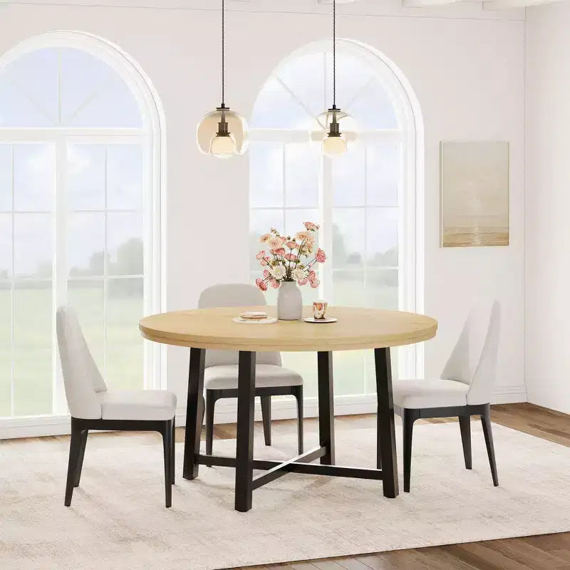 Table de salle à manger circulaire de 47 po, table de cuisine industrielle en bois avec cadre en métal robuste, parfaite pour les repas de 4 à 6 personnes
