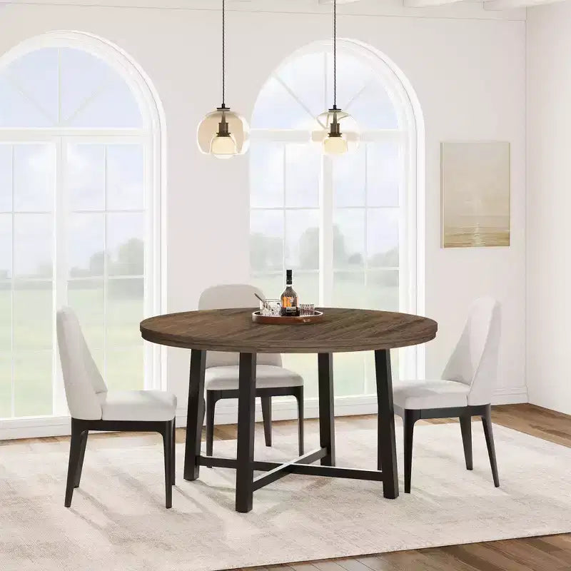Table de salle à manger circulaire de 47 po, table de cuisine industrielle en bois avec cadre en métal robuste, parfaite pour les repas de 4 à 6 personnes
