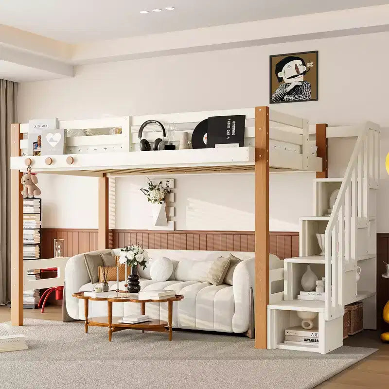 Bellemave Loft Bed with Clothes Hook and Storage Shelves, Wood Loft Bed Frame with Little Shelves, Ample Under-bed Spaces, Beige & Natural