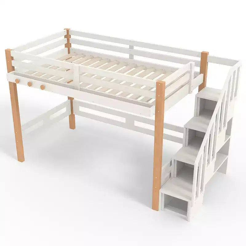 Lit mezzanine Bellemave avec crochet porte-vêtements et étagères de rangement, cadre de lit mezzanine en bois avec petites étagères, nombreux espaces sous le lit, beige et naturel