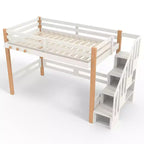 Lit mezzanine Bellemave avec crochet porte-vêtements et étagères de rangement, cadre de lit mezzanine en bois avec petites étagères, nombreux espaces sous le lit, beige et naturel