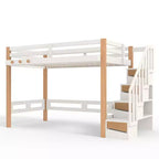 Lit mezzanine Bellemave avec crochet porte-vêtements et étagères de rangement, cadre de lit mezzanine en bois avec petites étagères, nombreux espaces sous le lit, beige et naturel