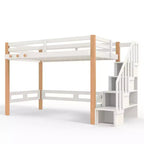 Lit mezzanine Bellemave avec crochet porte-vêtements et étagères de rangement, cadre de lit mezzanine en bois avec petites étagères, nombreux espaces sous le lit, beige et naturel