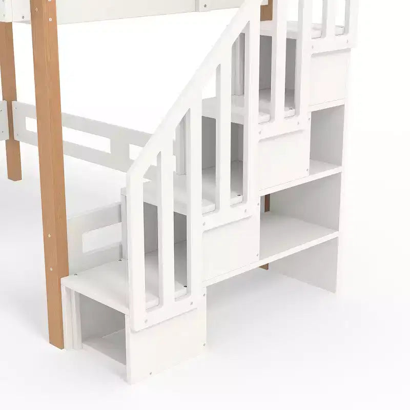 Lit mezzanine Bellemave avec crochet porte-vêtements et étagères de rangement, cadre de lit mezzanine en bois avec petites étagères, nombreux espaces sous le lit, beige et naturel