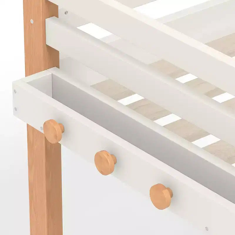 Lit mezzanine Bellemave avec crochet porte-vêtements et étagères de rangement, cadre de lit mezzanine en bois avec petites étagères, nombreux espaces sous le lit, beige et naturel
