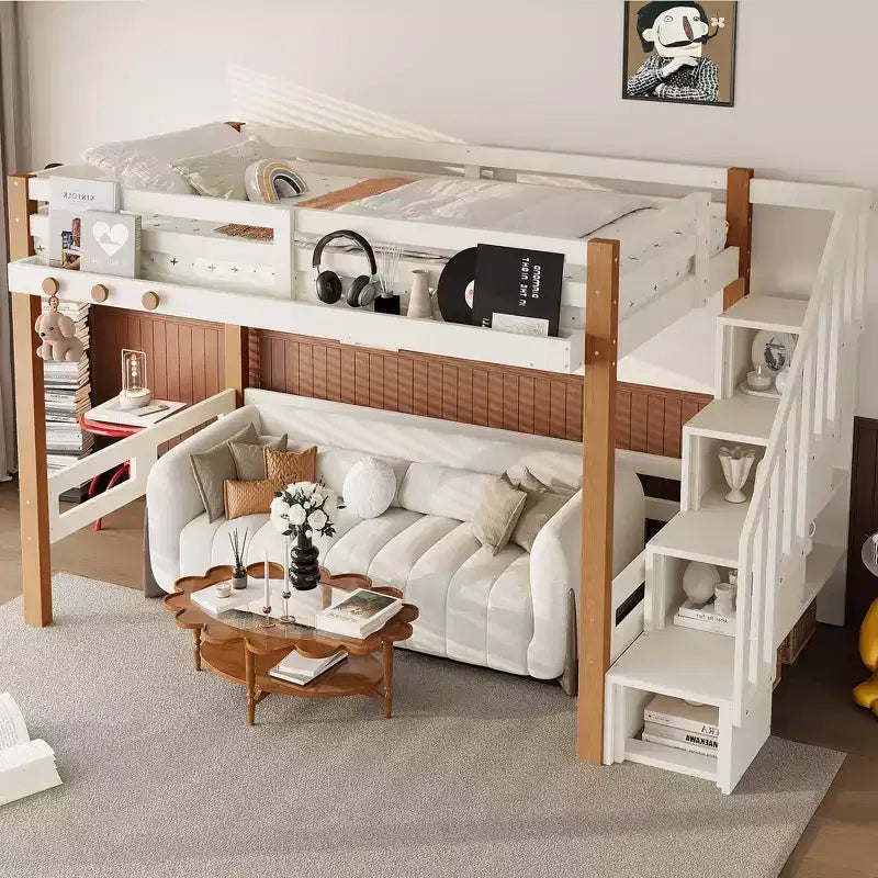 Lit mezzanine Bellemave avec crochet porte-vêtements et étagères de rangement, cadre de lit mezzanine en bois avec petites étagères, nombreux espaces sous le lit, beige et naturel