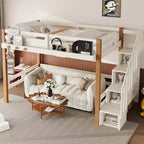 Lit mezzanine Bellemave avec crochet porte-vêtements et étagères de rangement, cadre de lit mezzanine en bois avec petites étagères, nombreux espaces sous le lit, beige et naturel