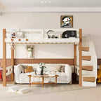 Lit mezzanine Bellemave avec crochet porte-vêtements et étagères de rangement, cadre de lit mezzanine en bois avec petites étagères, nombreux espaces sous le lit, beige et naturel