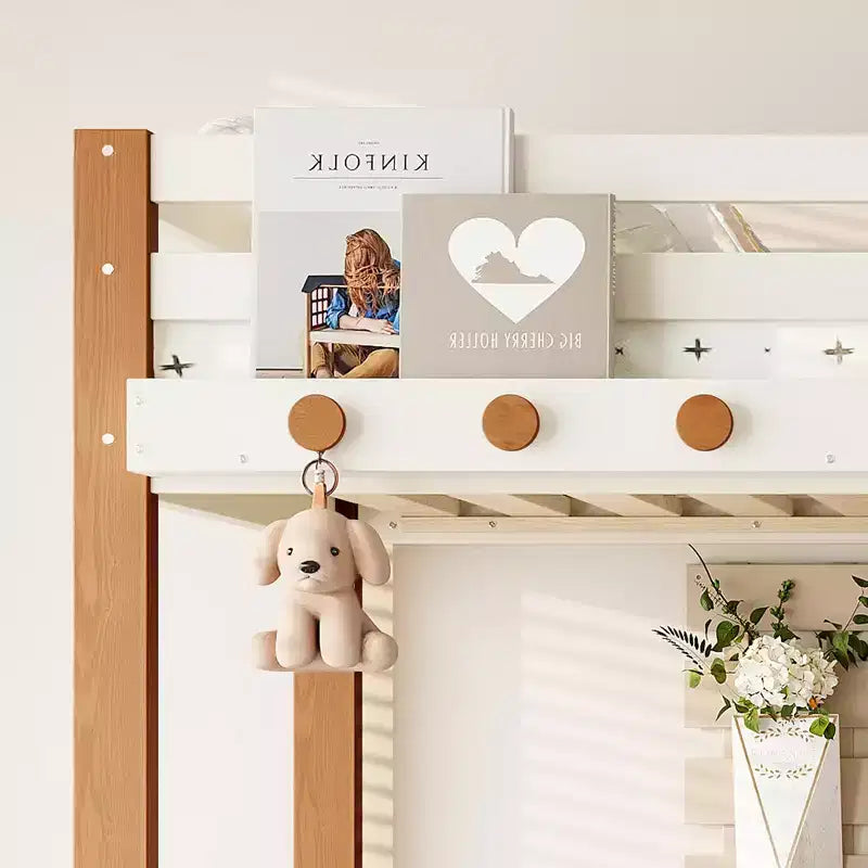 Lit mezzanine Bellemave avec crochet porte-vêtements et étagères de rangement, cadre de lit mezzanine en bois avec petites étagères, nombreux espaces sous le lit, beige et naturel