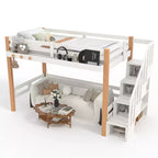 Lit mezzanine Bellemave avec crochet porte-vêtements et étagères de rangement, cadre de lit mezzanine en bois avec petites étagères, nombreux espaces sous le lit, beige et naturel