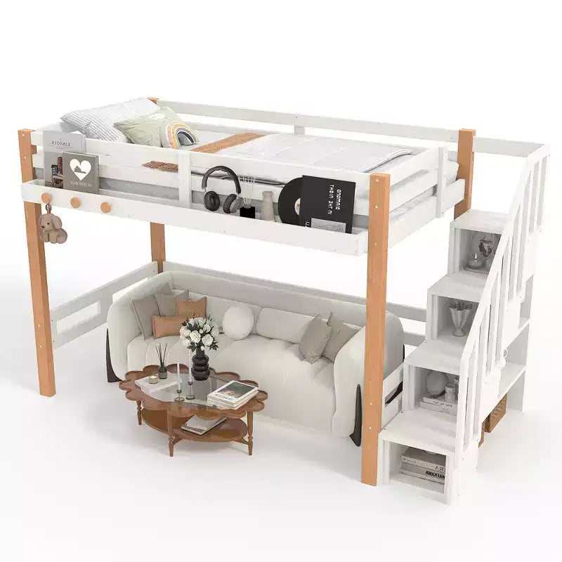 Lit mezzanine Bellemave avec crochet porte-vêtements et étagères de rangement, cadre de lit mezzanine en bois avec petites étagères, nombreux espaces sous le lit, beige et naturel