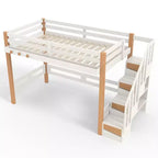 Lit mezzanine Bellemave avec crochet porte-vêtements et étagères de rangement, cadre de lit mezzanine en bois avec petites étagères, nombreux espaces sous le lit, beige et naturel