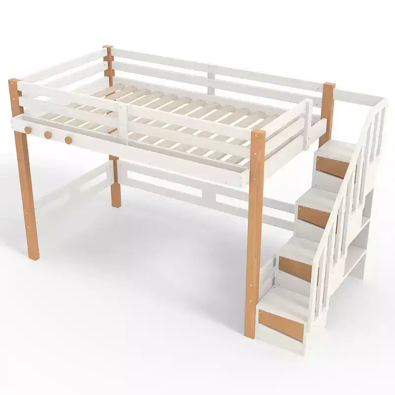 Lit mezzanine Bellemave avec crochet porte-vêtements et étagères de rangement, cadre de lit mezzanine en bois avec petites étagères, nombreux espaces sous le lit, beige et naturel