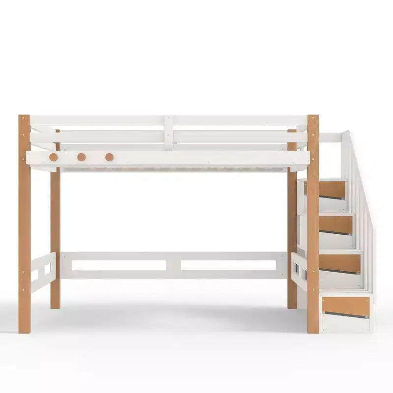 Lit mezzanine Bellemave avec crochet porte-vêtements et étagères de rangement, cadre de lit mezzanine en bois avec petites étagères, nombreux espaces sous le lit, beige et naturel