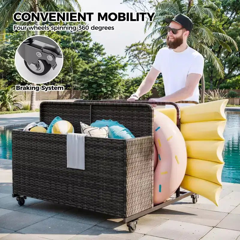 Organisateur de rangement flottant pour piscine en rotin de polyéthylène à 3 sections avec roues verrouillables, panier de rangement roulant pour jouets d'extérieur, caddie de piscine pour gilets de sauvetage et ballons