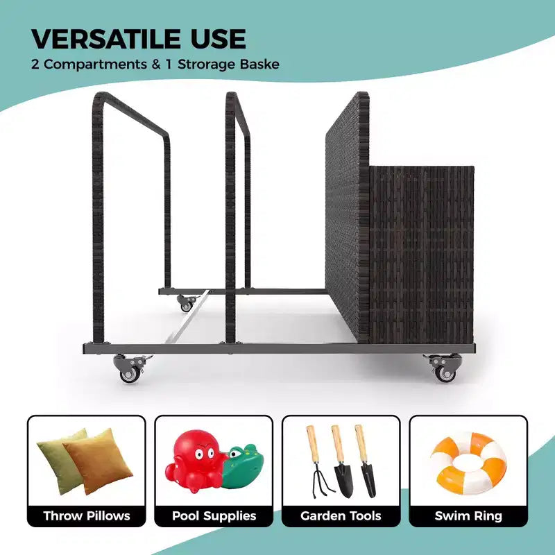 Organisateur de rangement flottant pour piscine en rotin de polyéthylène à 3 sections avec roues verrouillables, panier de rangement roulant pour jouets d'extérieur, caddie de piscine pour gilets de sauvetage et ballons