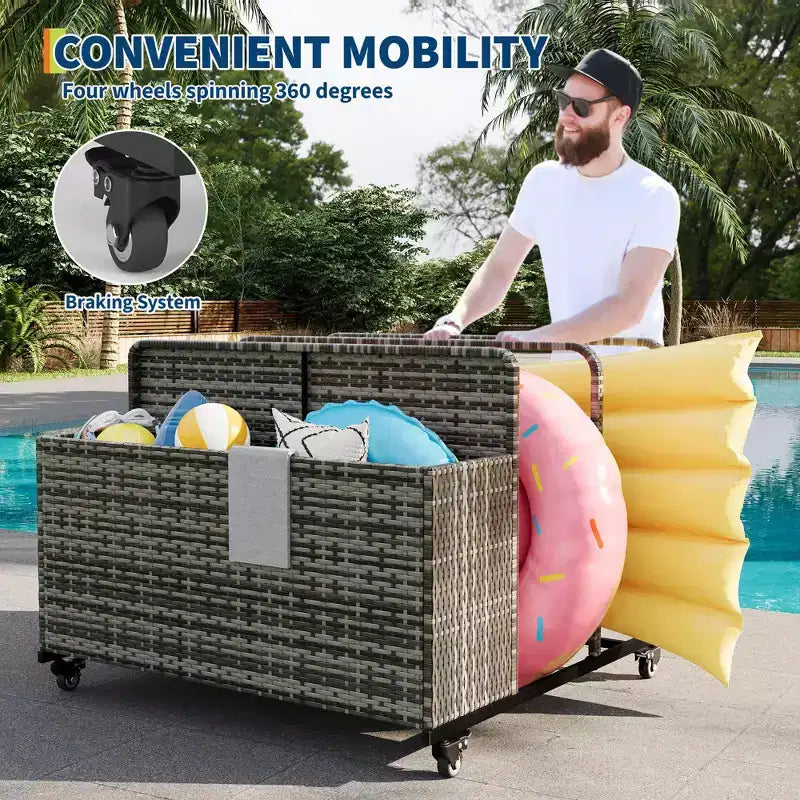 Organisateur de rangement flottant pour piscine en rotin de polyéthylène à 3 sections avec roues verrouillables, panier de rangement roulant pour jouets d'extérieur, caddie de piscine pour gilets de sauvetage et ballons