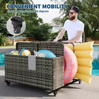 Organisateur de rangement flottant pour piscine en rotin de polyéthylène à 3 sections avec roues verrouillables, panier de rangement roulant pour jouets d'extérieur, caddie de piscine pour gilets de sauvetage et ballons