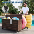 Organisateur de rangement flottant pour piscine en rotin de polyéthylène à 3 sections avec roues verrouillables, panier de rangement roulant pour jouets d'extérieur, caddie de piscine pour gilets de sauvetage et ballons