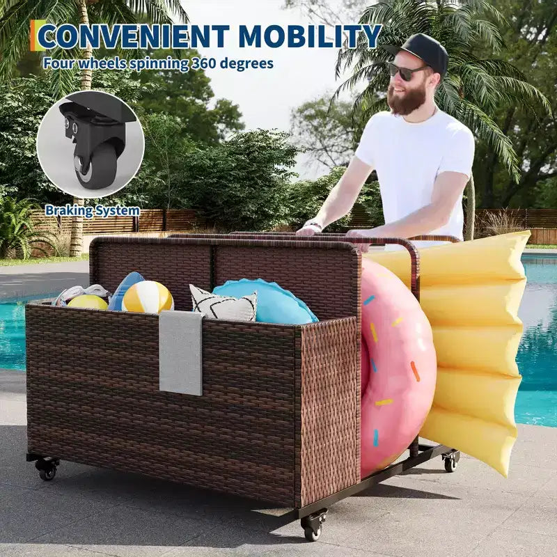 Organisateur de rangement flottant pour piscine en rotin de polyéthylène à 3 sections avec roues verrouillables, panier de rangement roulant pour jouets d'extérieur, caddie de piscine pour gilets de sauvetage et ballons