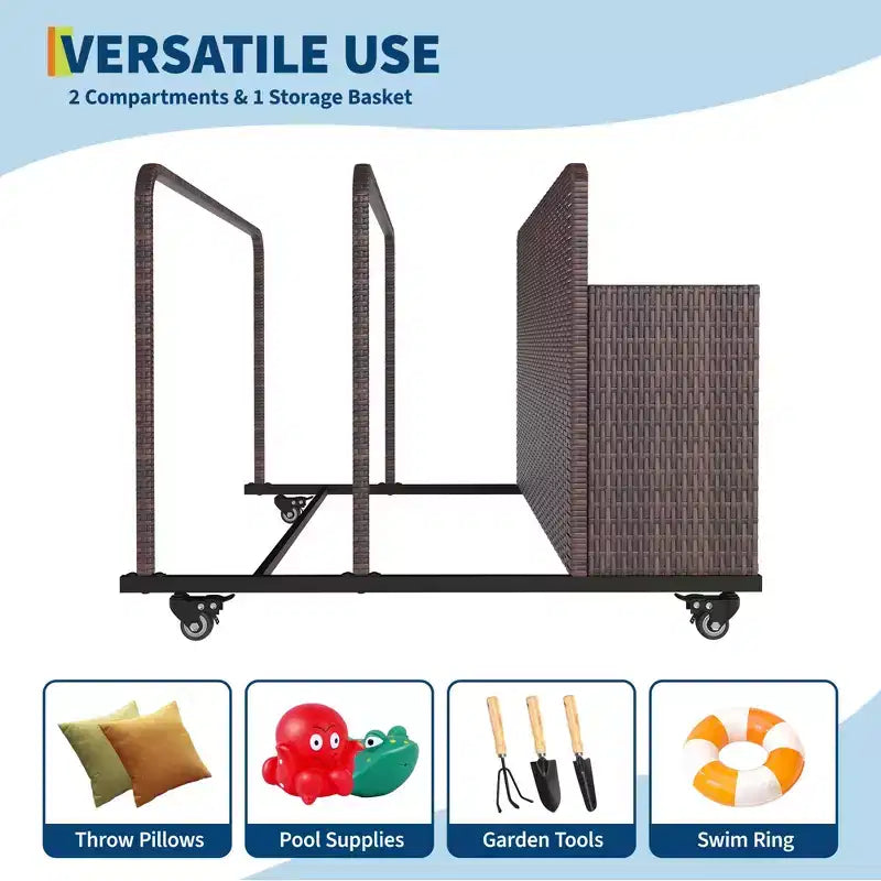 Organisateur de rangement flottant pour piscine en rotin de polyéthylène à 3 sections avec roues verrouillables, panier de rangement roulant pour jouets d'extérieur, caddie de piscine pour gilets de sauvetage et ballons