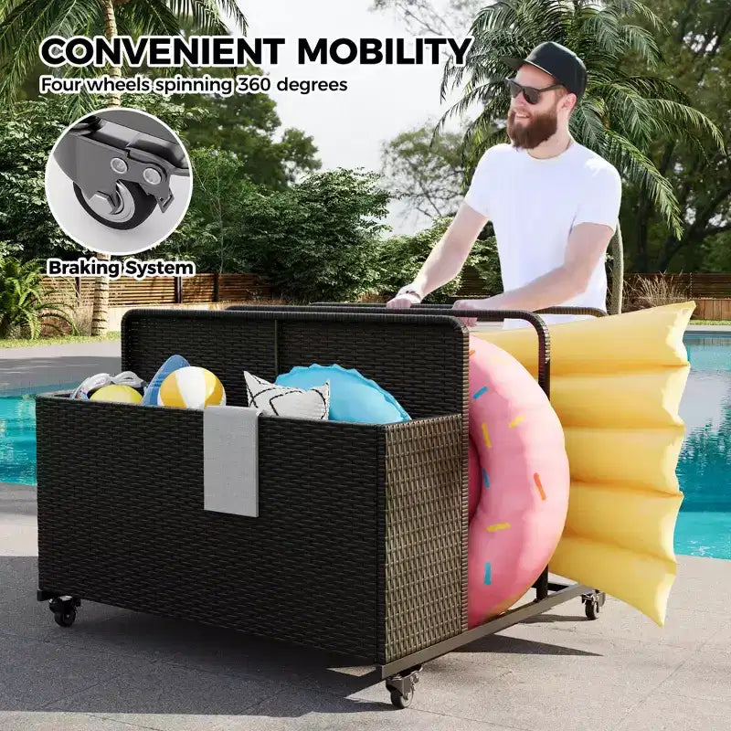 Organisateur de rangement flottant pour piscine en rotin de polyéthylène à 3 sections avec roues verrouillables, panier de rangement roulant pour jouets d'extérieur, caddie de piscine pour gilets de sauvetage et ballons