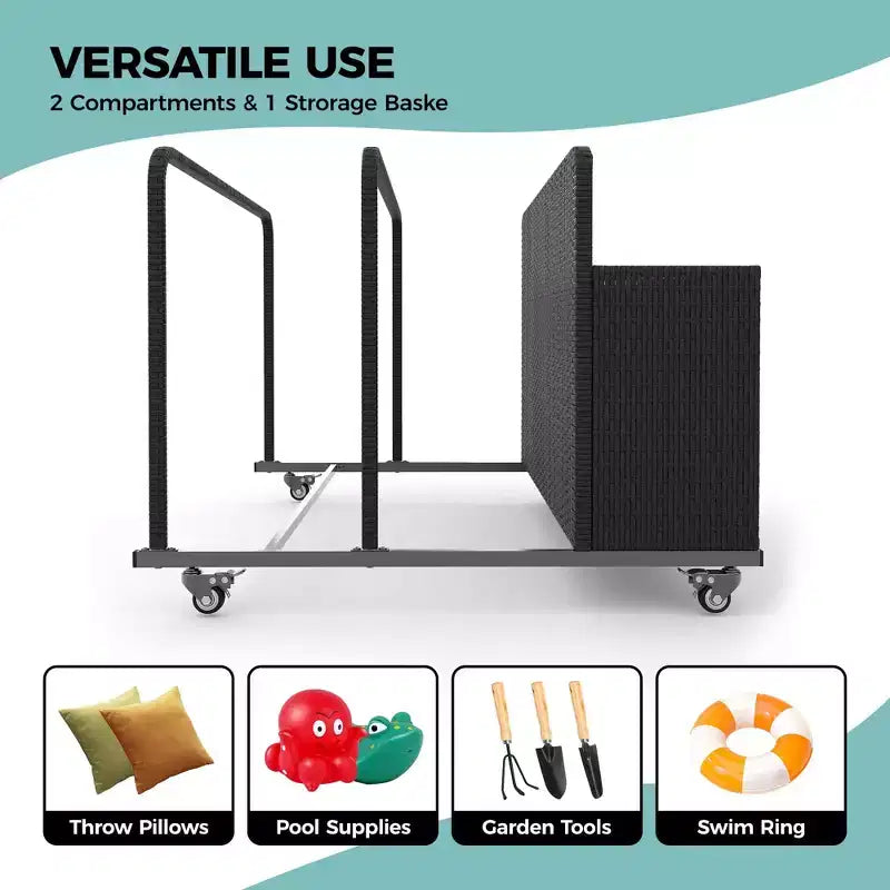 Organisateur de rangement flottant pour piscine en rotin de polyéthylène à 3 sections avec roues verrouillables, panier de rangement roulant pour jouets d'extérieur, caddie de piscine pour gilets de sauvetage et ballons