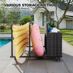 Organisateur de rangement flottant pour piscine en rotin de polyéthylène à 3 sections avec roues verrouillables, panier de rangement roulant pour jouets d'extérieur, caddie de piscine pour gilets de sauvetage et ballons