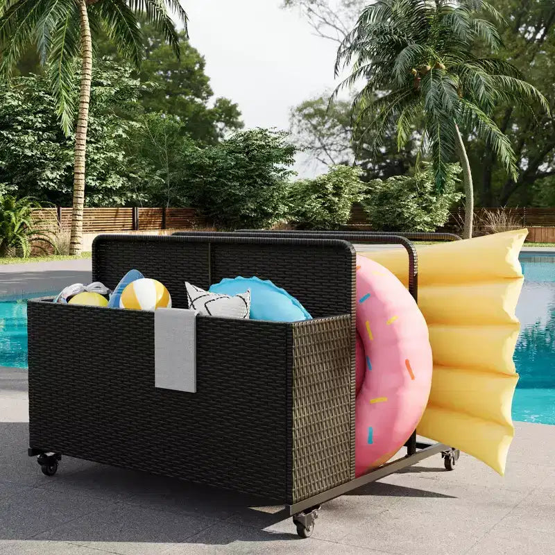 3-Section PE Rattan Pool Float Storage Organizer with Lockable Wheels, Rolling Outdoor Toy Storage Basket, Poolside Caddy for Life Vests & Balls
