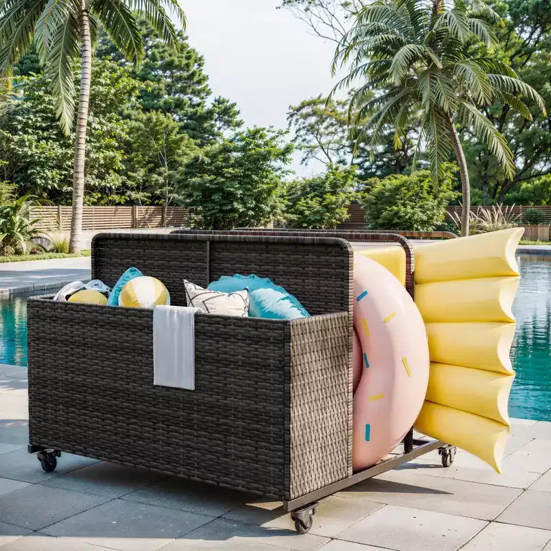 Organisateur de rangement flottant pour piscine en rotin de polyéthylène à 3 sections avec roues verrouillables, panier de rangement roulant pour jouets d'extérieur, caddie de piscine pour gilets de sauvetage et ballons