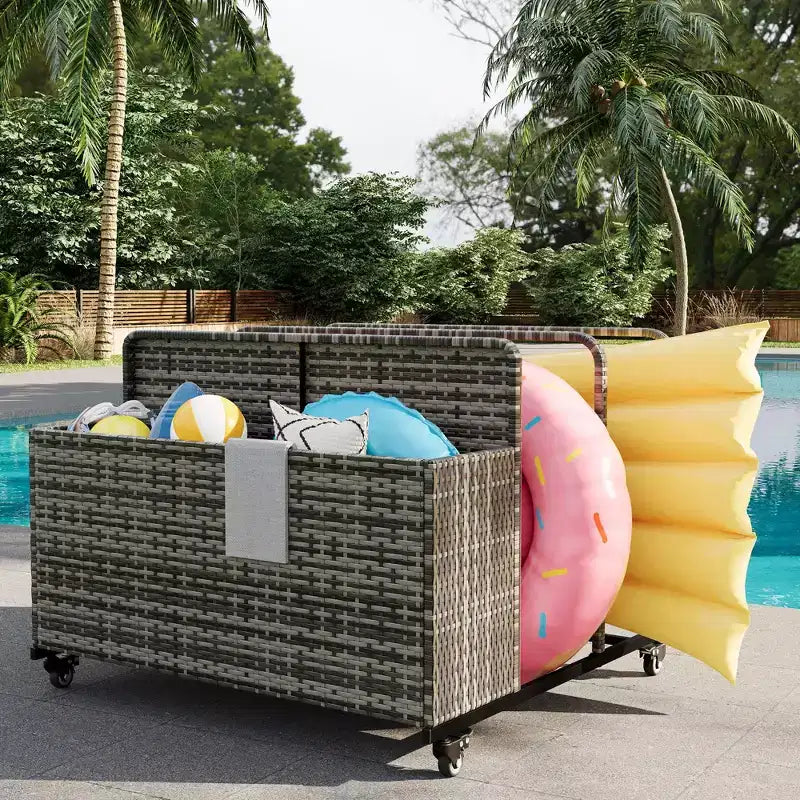 Organisateur de rangement flottant pour piscine en rotin de polyéthylène à 3 sections avec roues verrouillables, panier de rangement roulant pour jouets d'extérieur, caddie de piscine pour gilets de sauvetage et ballons