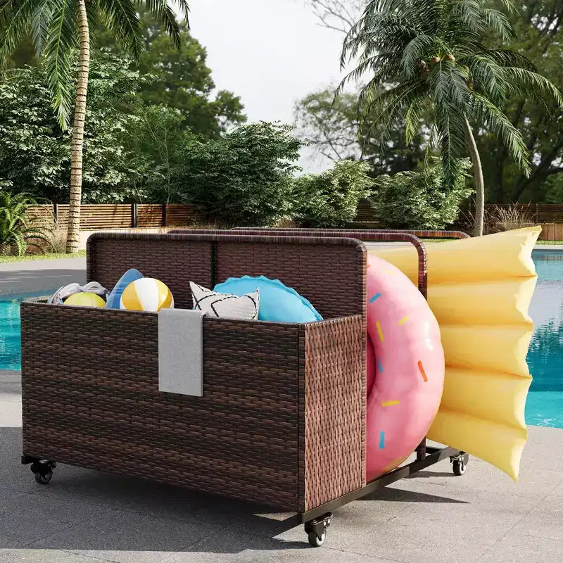 Organisateur de rangement flottant pour piscine en rotin de polyéthylène à 3 sections avec roues verrouillables, panier de rangement roulant pour jouets d'extérieur, caddie de piscine pour gilets de sauvetage et ballons