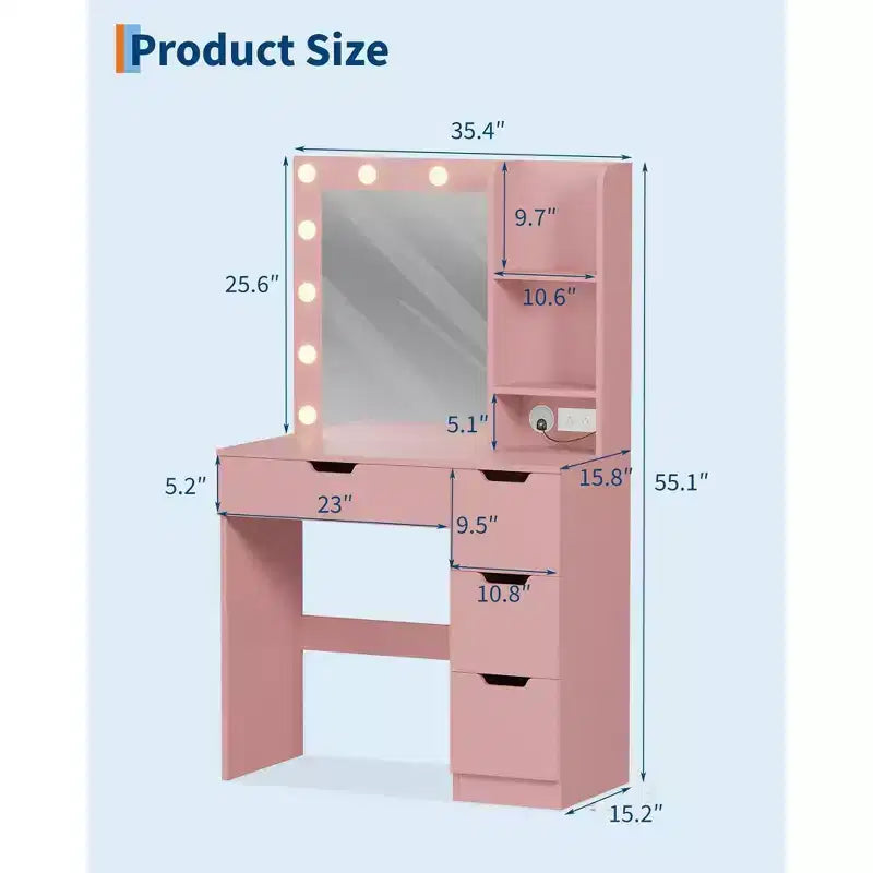 Coiffeuse rose Acekool avec miroir, 4 tiroirs et multiprise intégrée pour chambre à coucher
