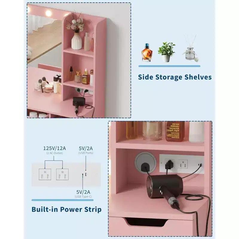 Coiffeuse rose Acekool avec miroir, 4 tiroirs et multiprise intégrée pour chambre à coucher