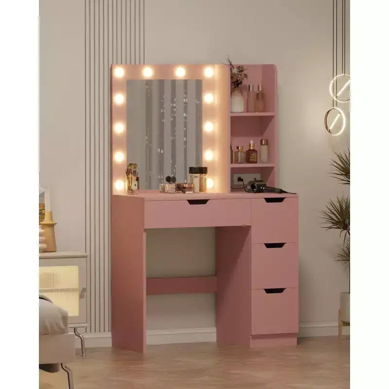 Coiffeuse rose Acekool avec miroir, 4 tiroirs et multiprise intégrée pour chambre à coucher