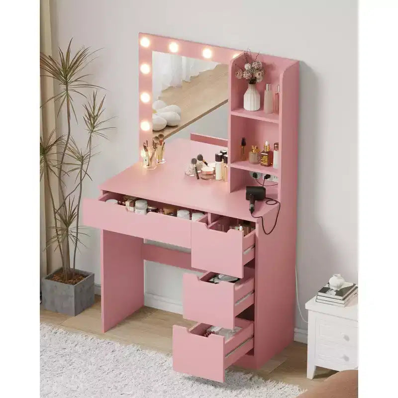 Coiffeuse rose Acekool avec miroir, 4 tiroirs et multiprise intégrée pour chambre à coucher